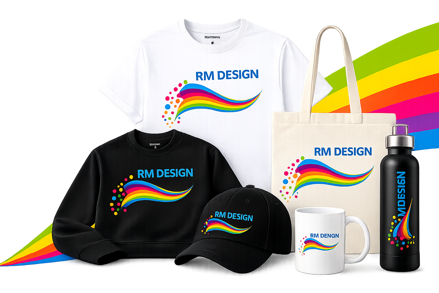 RM Design potiskana majica, pulover, kapa, vrečka, skodelica in promocijska steklenica